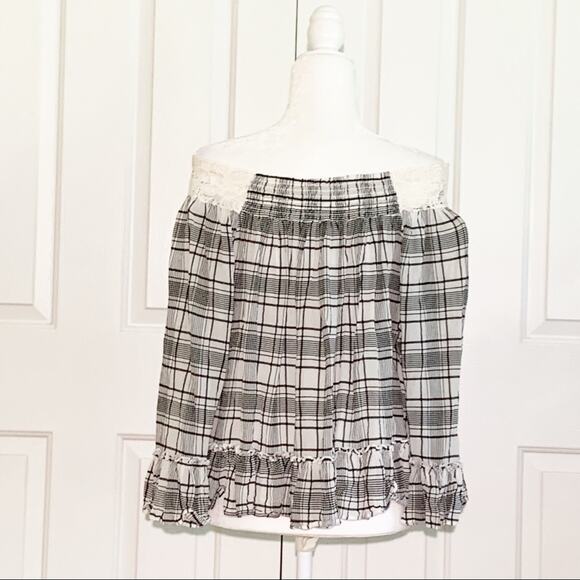 Ann Taylor LOFT Top Blouse Plaid Lace Off-The-Shoulder Top Blouse Size Medium - Picture 7 of 12